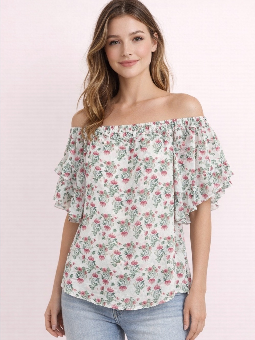 Max Studio Ruffle Trim Off Shoulder Chiffon Semi Sheer Pullover Floral Blouse M